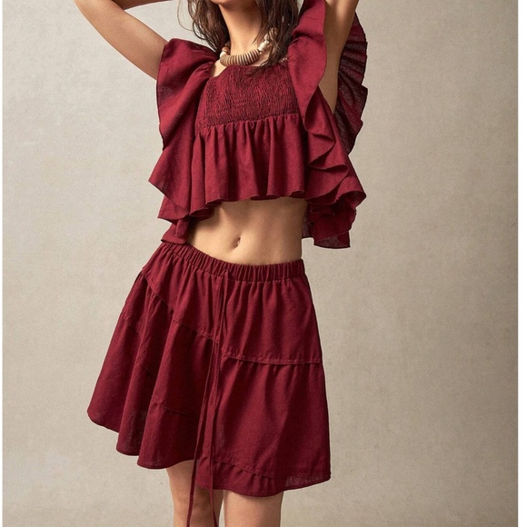 Boho Burgundy Shirred Crop Ruffle Top Mini Skirt Set - Picture 6 of 6